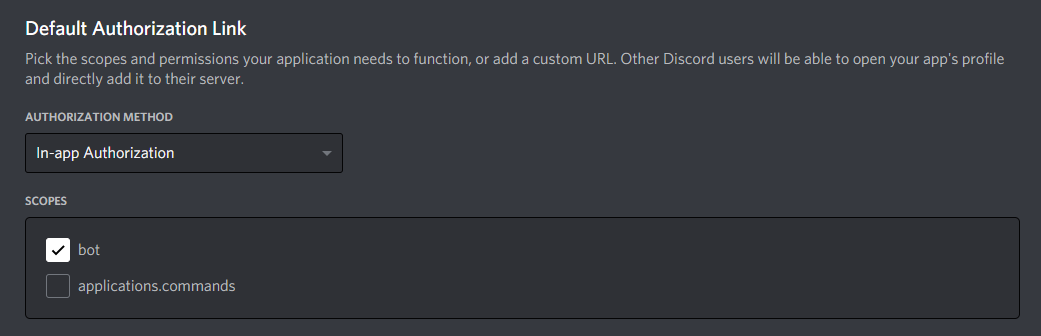 The scopes checkbox with "bot" ticked.